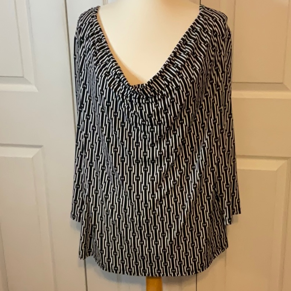 Michael Kors Black White Top Cowl Neck Blouse 3/4 Sleeve 1X